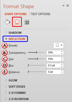 Reflection Options within Format Shape Task Pane Reflection Options within Format Shape Task Pane