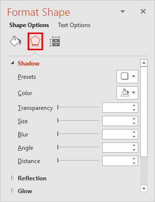 Shadow editing options within Format Shape Task Pane
