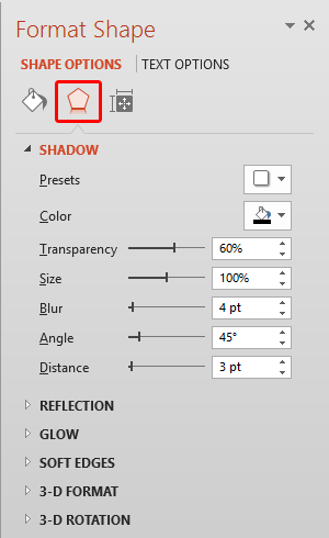 Format Shape Task Pane with Shadow options