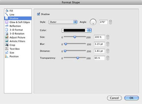 Format Shape dialog box with Shadow panel selected