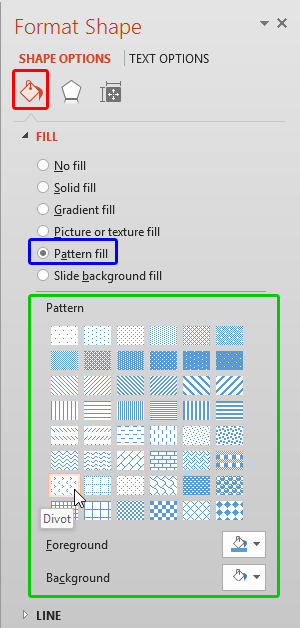 Pattern gallery within Format Shape Task Pane Pattern gallery within Format Shape Task Pane