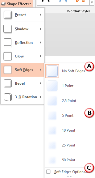 Soft Edges Option selected within the Shape Effects drop-down gallery Soft Edges Option selected within the Shape Effects drop-down gallery