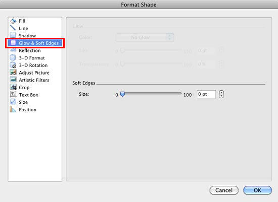 Soft Edges option within Format Shape dialog box