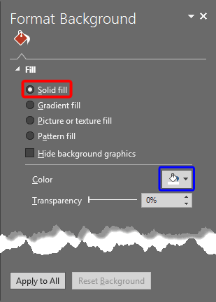 Solid fill radio button selected within the Format Background Task Pane Solid fill radio button selected within the Format Background Task Pane