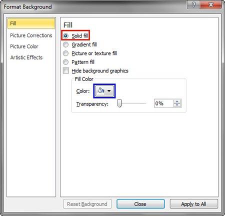 Solid fill radio button selected within the Format Background dialog box Solid fill radio button selected within the Format Background dialog box