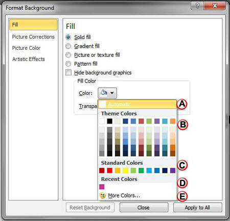 Color drop-down gallery within the Format Background dialog box Color drop-down gallery within the Format Background dialog box