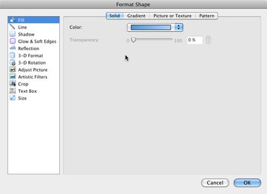 Format Shape dialog box with Fill panel selected