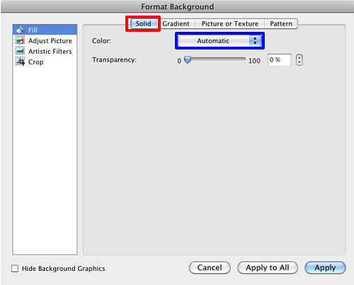 Solid tab selected within the Format Background dialog box Solid tab selected within the Format Background dialog box