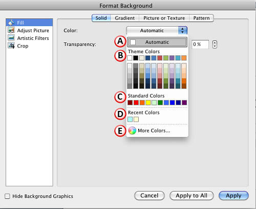 Color drop-down gallery within the Format Background dialog box Color drop-down gallery within the Format Background dialog box
