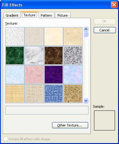 Texture tab within the Fill Effects dialog box Texture tab within the Fill Effects dialog box