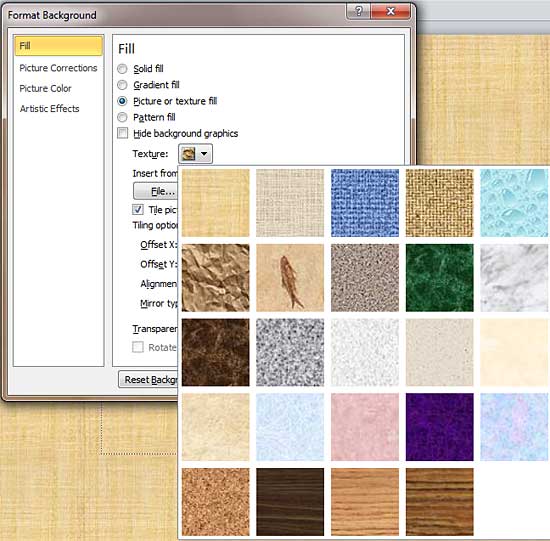 Texture drop-down gallery within the Format Background dialog box Texture drop-down gallery within the Format Background dialog box