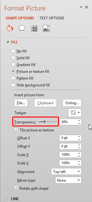 Set transparency for picture or texture fill Set transparency for picture or texture fill