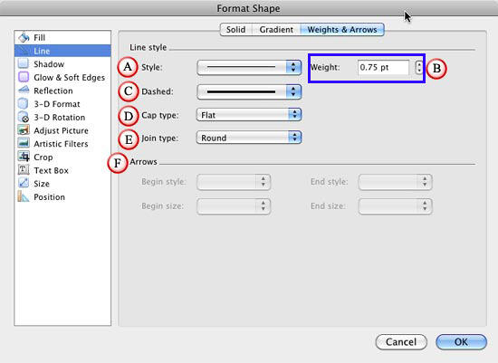 Format Shape dialog box with Line edit options Format Shape dialog box with Line edit options