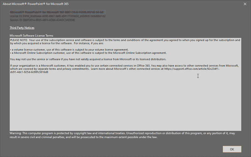 About Microsoft PowerPoint window About Microsoft PowerPoint window