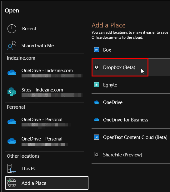 Add Dropbox as a place