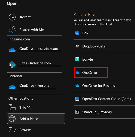 Choose the place you want to add in PowerPoint 365 for Windows