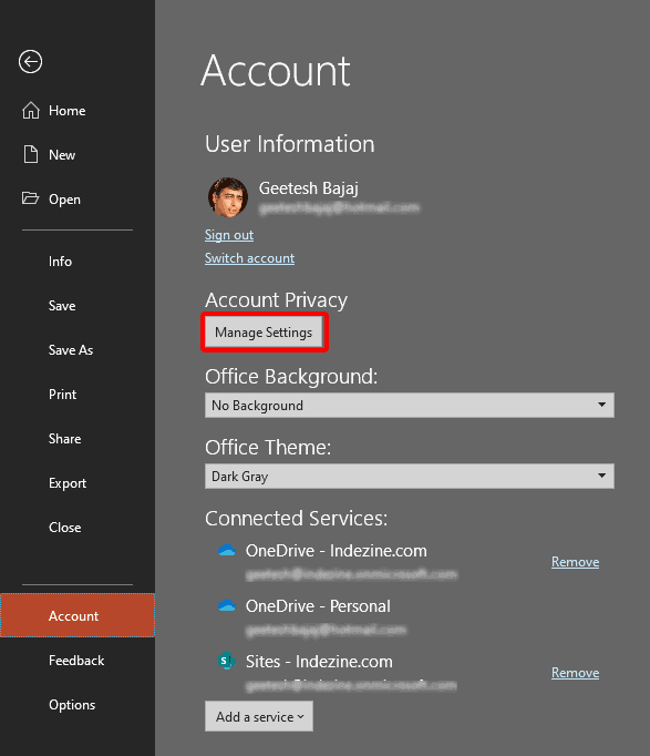 Account tab in Backstage view