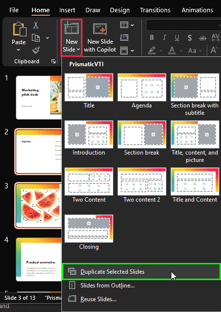 Duplicate selected slides