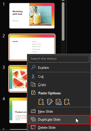 Duplicate slide via right-click contextual menu