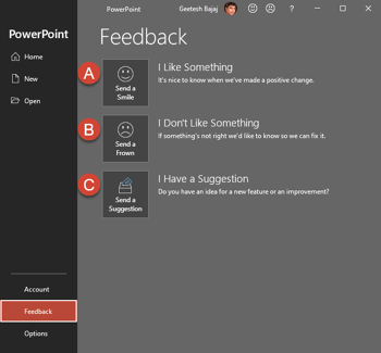 Feedback Tab of Backstage View in PowerPoint 365 for Windows