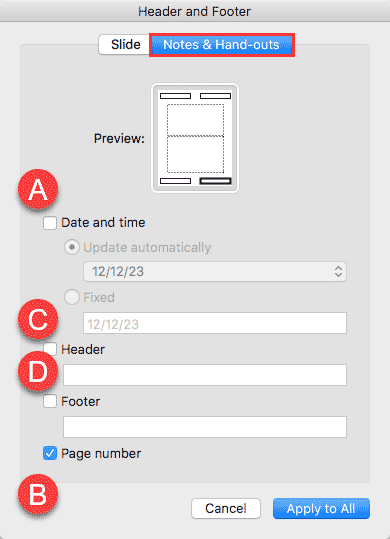 Notes and Handouts tab within Header and Footer dialog box in PowerPoint 2016 Mac
