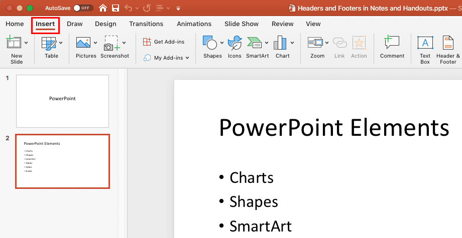 Insert tab of the Ribbon in PowerPoint 2016 Mac