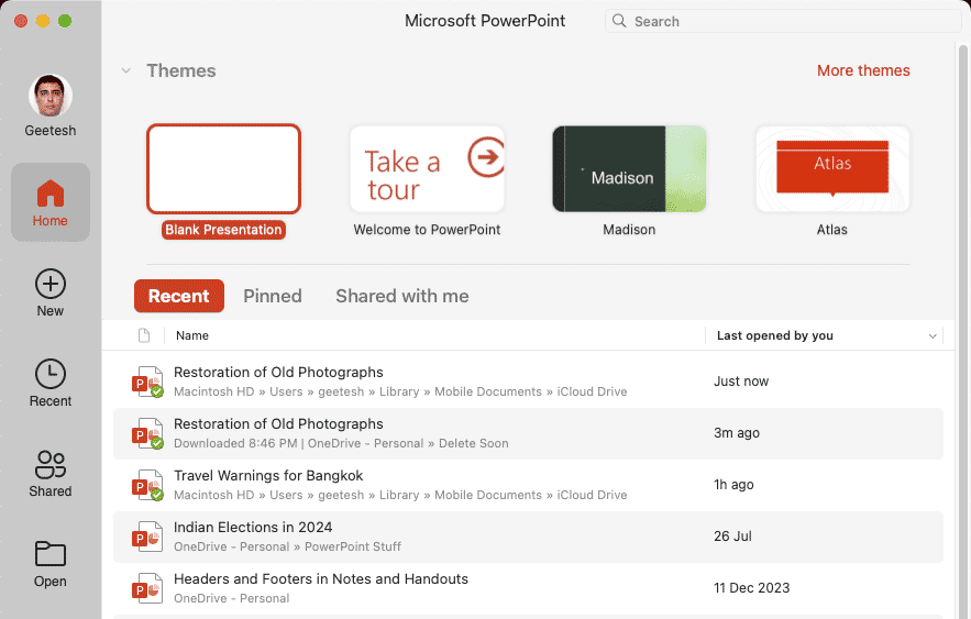 PowerPoint 365 for Mac's opening screen