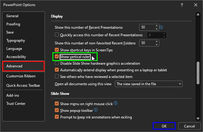 PowerPoint Options dialog box PowerPoint Options dialog box
