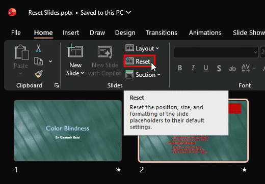 Reset Slides in PowerPoint 365 for Windows