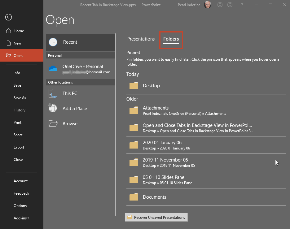 Recent files and folders in the Open tab of Backstage View