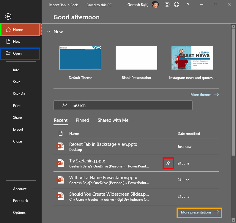Backstage view in PowerPoint 365 for Windows Backstage view in PowerPoint 365 for Windows