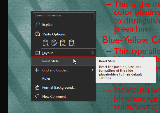 Reset Slide option within the context menu