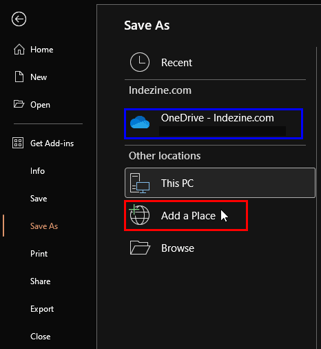 Add a place option in the Save As tab in PowerPoint 365 for Windows Add a place option in the Save As tab in PowerPoint 365 for Windows