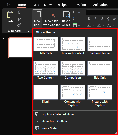 Slide Layout drop-down gallery Slide Layout drop-down gallery