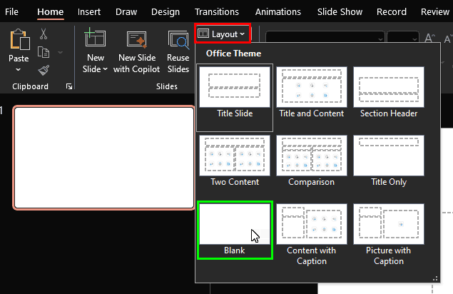 Slide Layouts drop-down gallery