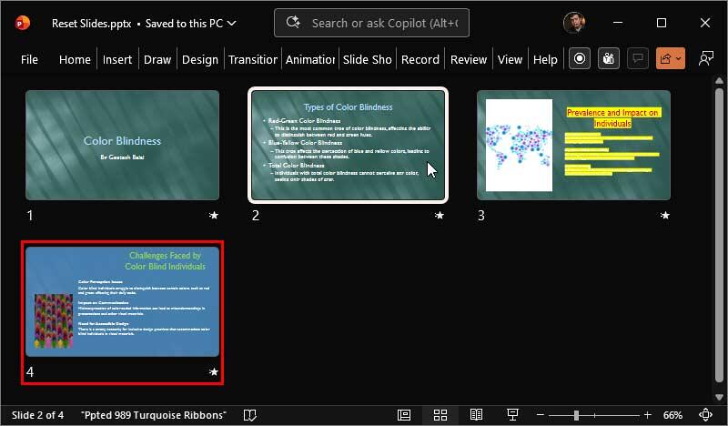 Slide reset to its default settings