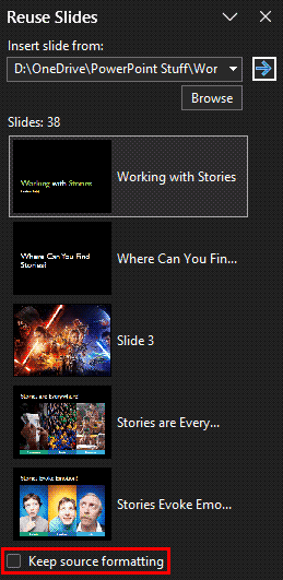 Slides in Reuse Slides task pane