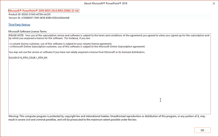 About Microsoft PowerPoint window About Microsoft PowerPoint window