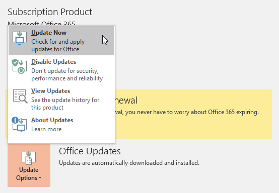Office Updates fly-out menu Office Updates fly-out menu