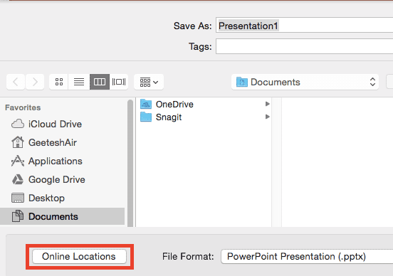 Online Locations option in the Save As dialog box