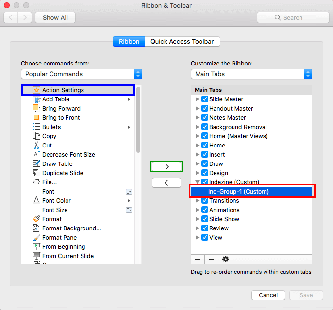 Custom group selected to add commands