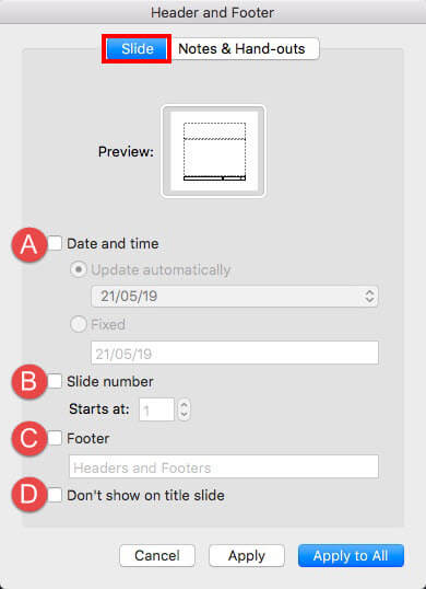 Slide tab within Header and Footer dialog box