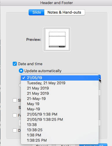Date (or date and time) format drop-down list
