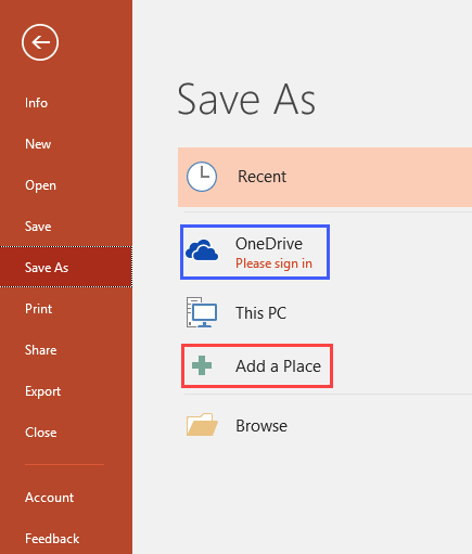 Add a place option in the Save As tab Add a place option in the Save As tab