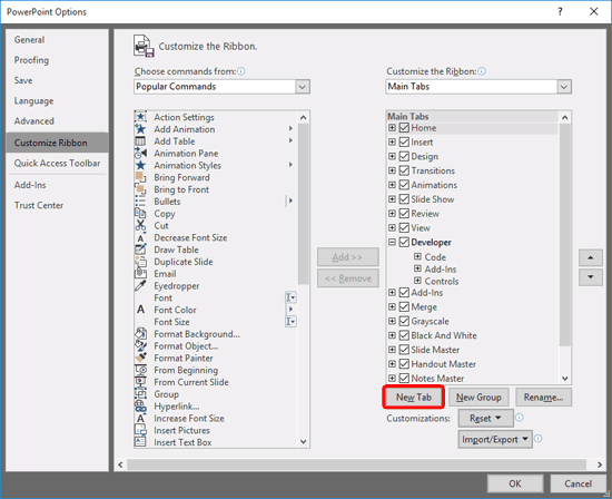 PowerPoint Options dialog box PowerPoint Options dialog box