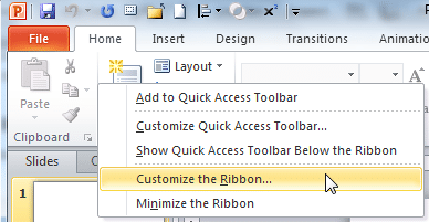 Customize the Ribbon option within the right-click contextual menu