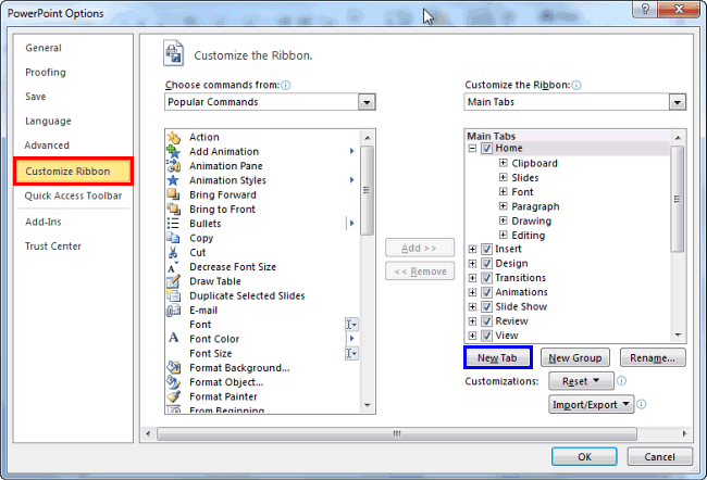 PowerPoint Options dialog box