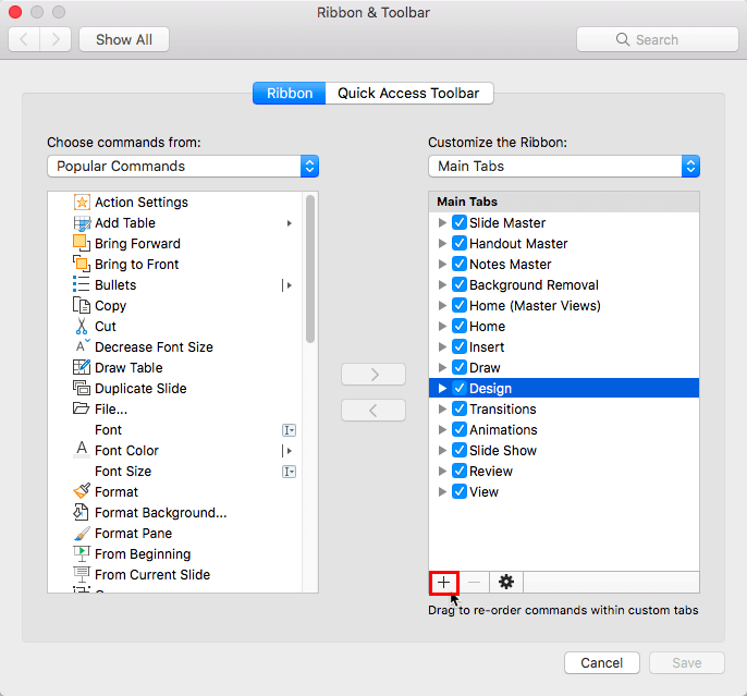 Ribbon & Toolbar dialog box Ribbon & Toolbar dialog box