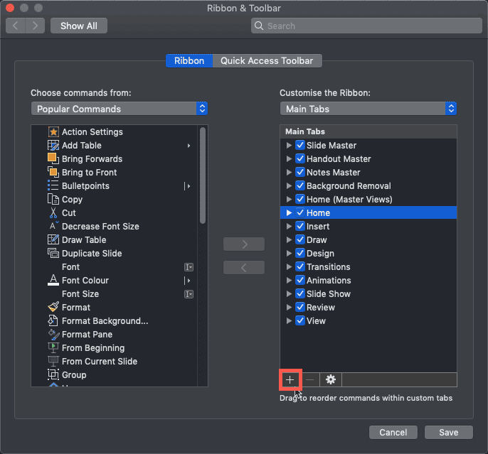 Ribbon & Toolbar dialog box