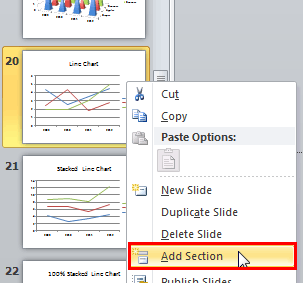 Add Section option within the right-click contextual menu Add Section option within the right-click contextual menu
